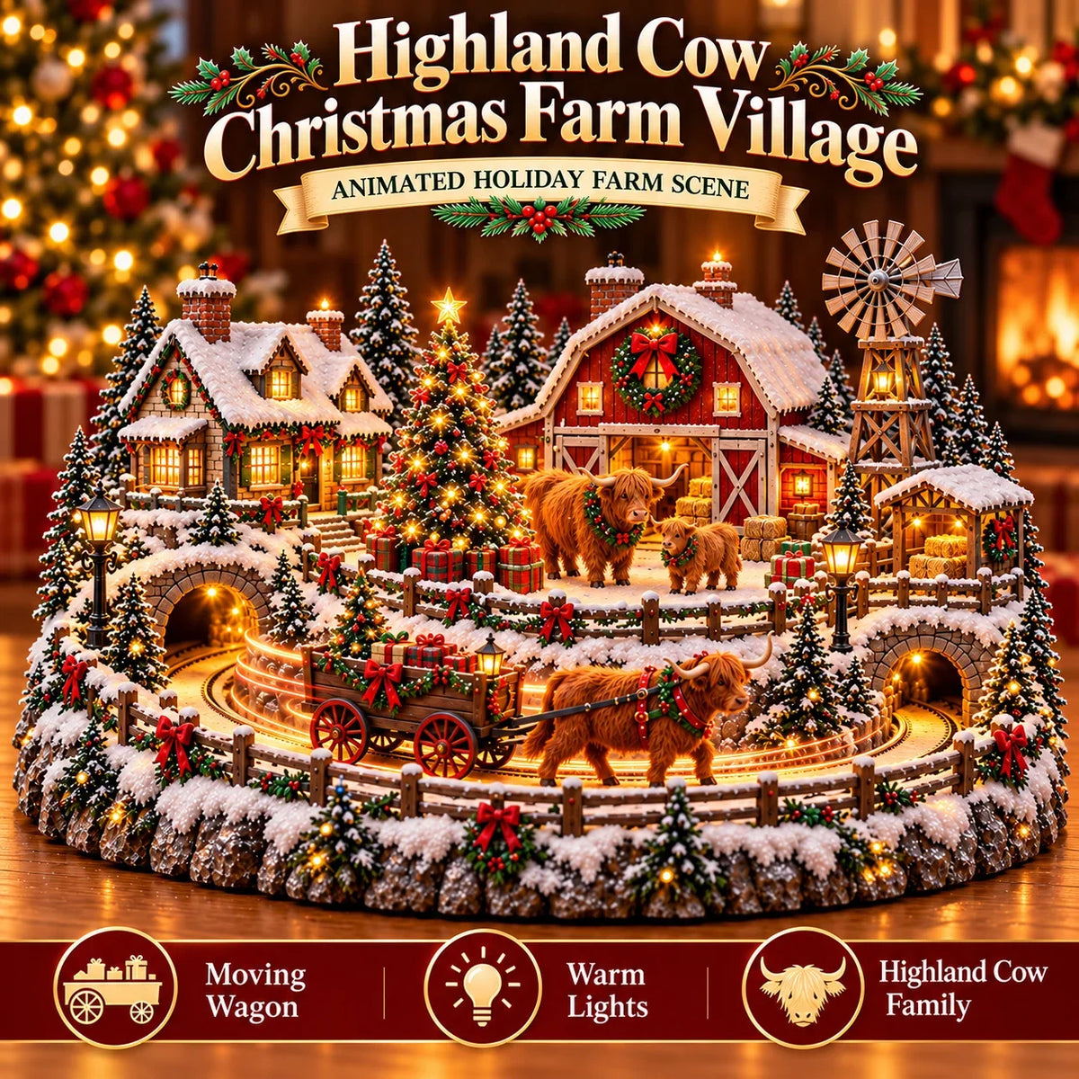 🐮 Animated Highland Cow Christmas Village | Lighted Farmhouse Holiday Décor