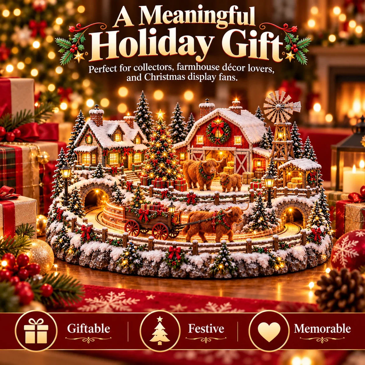 🐮 Animated Highland Cow Christmas Village | Lighted Farmhouse Holiday Décor