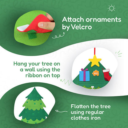 Infographic showcasing how to attach the Montessori Christmas Tree and to flatten it out. 