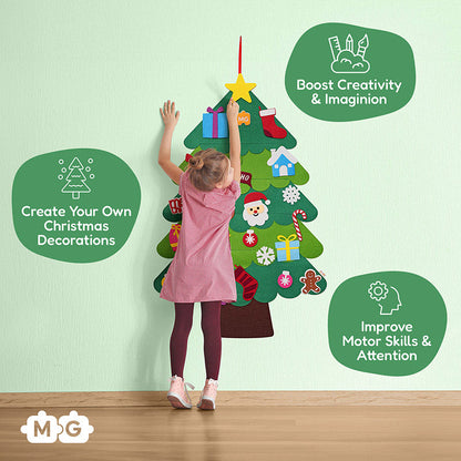 Infographic showing little girl decorating a felt Montessori Christmas Tree, text blobs showcasing benefits of the toy.
